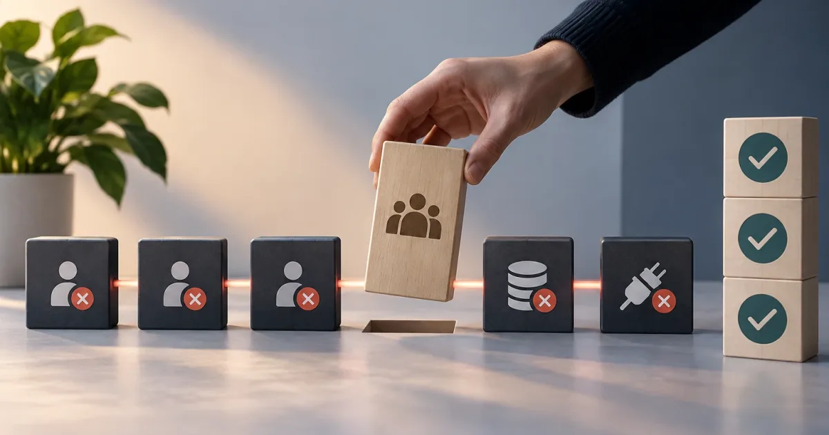 Equipo revisando una lista de control para cerrar accesos, datos e integraciones de una organización en un SaaS B2B.