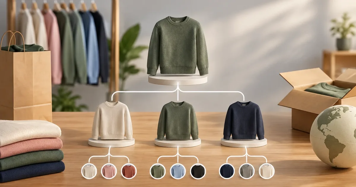 Esquema de un producto ecommerce agrupando variantes y ofertas para distintos canales de venta